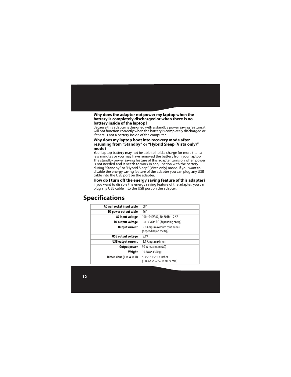 Specifications | RocketFish RF-BSLAC User Manual | Page 12 / 16