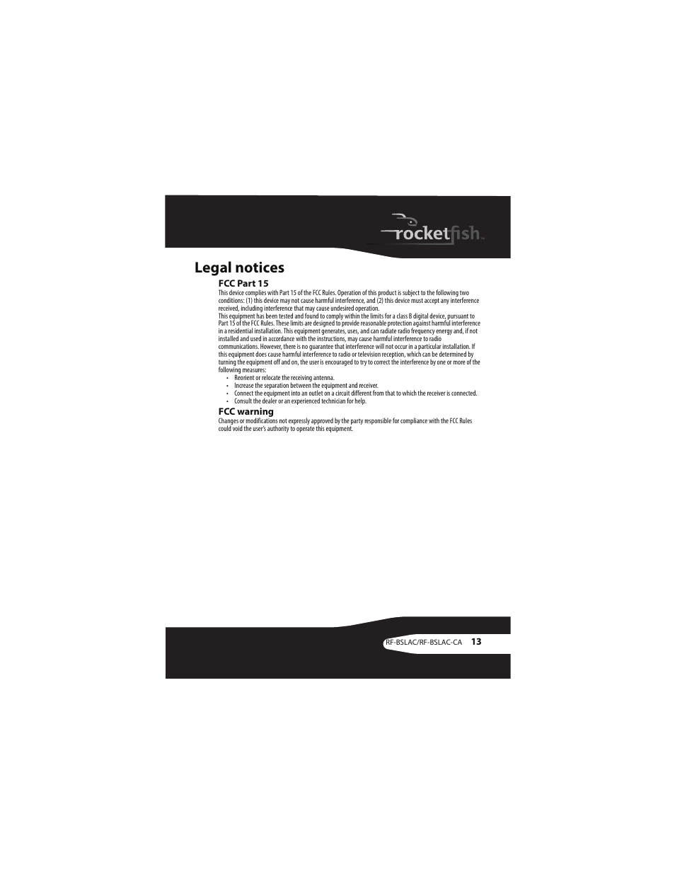 Legal notices, Fcc part 15, Fcc warning | RocketFish RF-BSLAC User Manual | Page 13 / 16