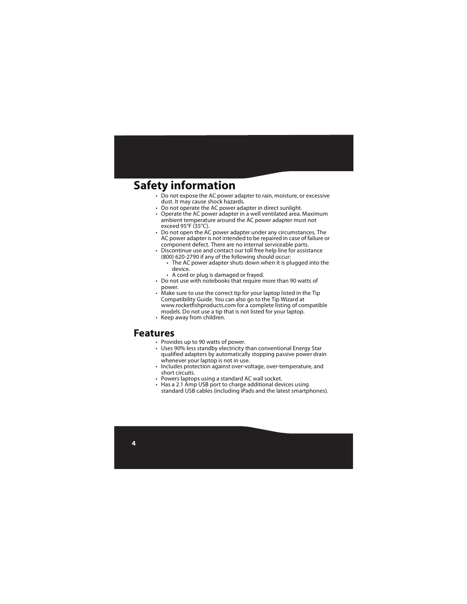 Safety information, Features, Safety information features | RocketFish RF-BSLAC User Manual | Page 4 / 16