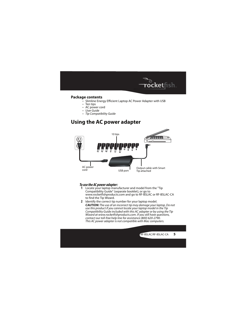 Package contents, Using the ac power adapter | RocketFish RF-BSLAC User Manual | Page 5 / 16