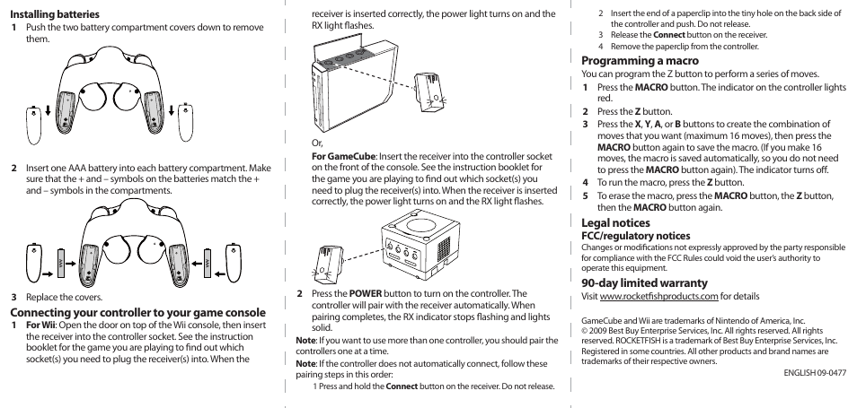 Connecting your controller to your game console, Programming a macro, Legal notices | Day limited warranty | RocketFish RF-GGC001 User Manual | Page 2 / 2