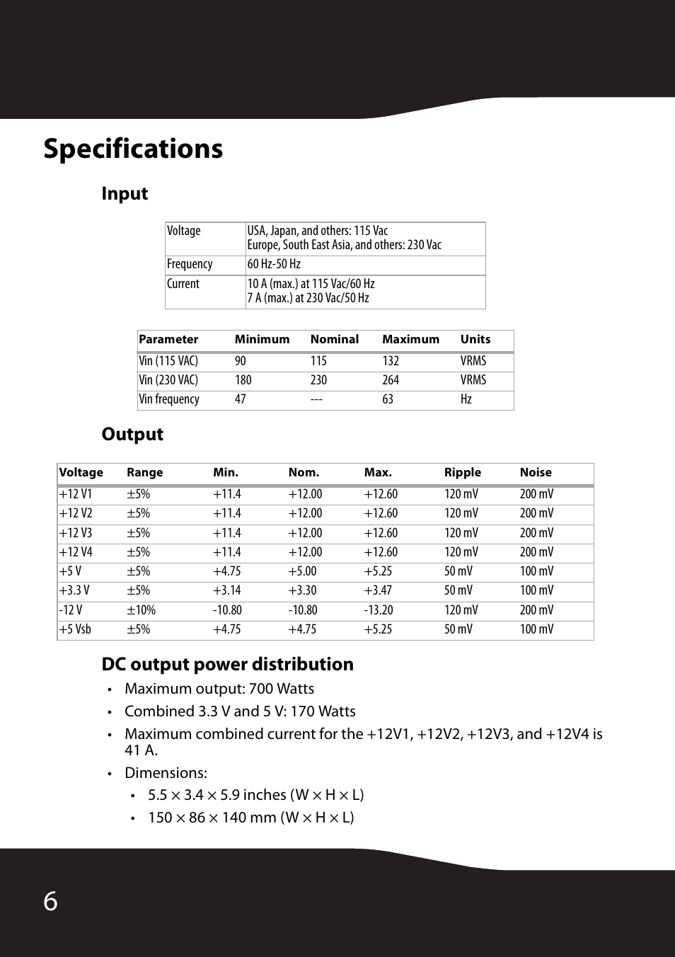 Specifications, Input, Output | Dc output power distribution, 6specifications, Input output dc output power distribution | RocketFish RF-700WPS User Manual | Page 6 / 12