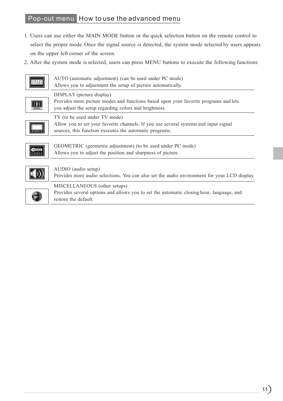 Pop-out menu how to use the advanced menu | Ovideon LC2700w User Manual | Page 12 / 25