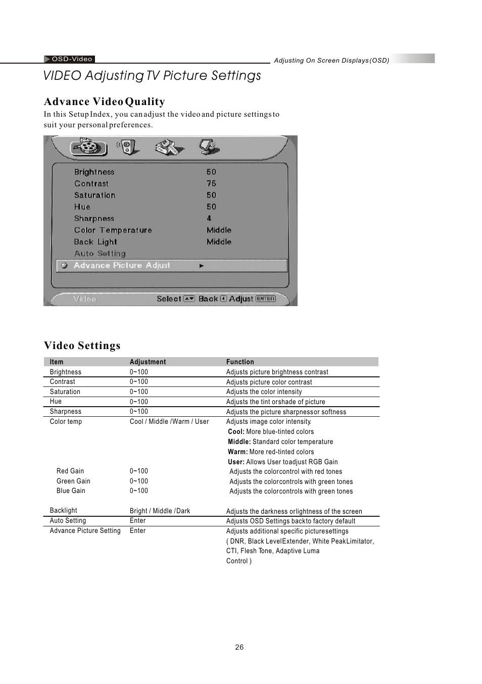 Video adjusting tv picture settings, Video settings, Advance video quality | Olevia LT26HVE Series User Manual | Page 28 / 61