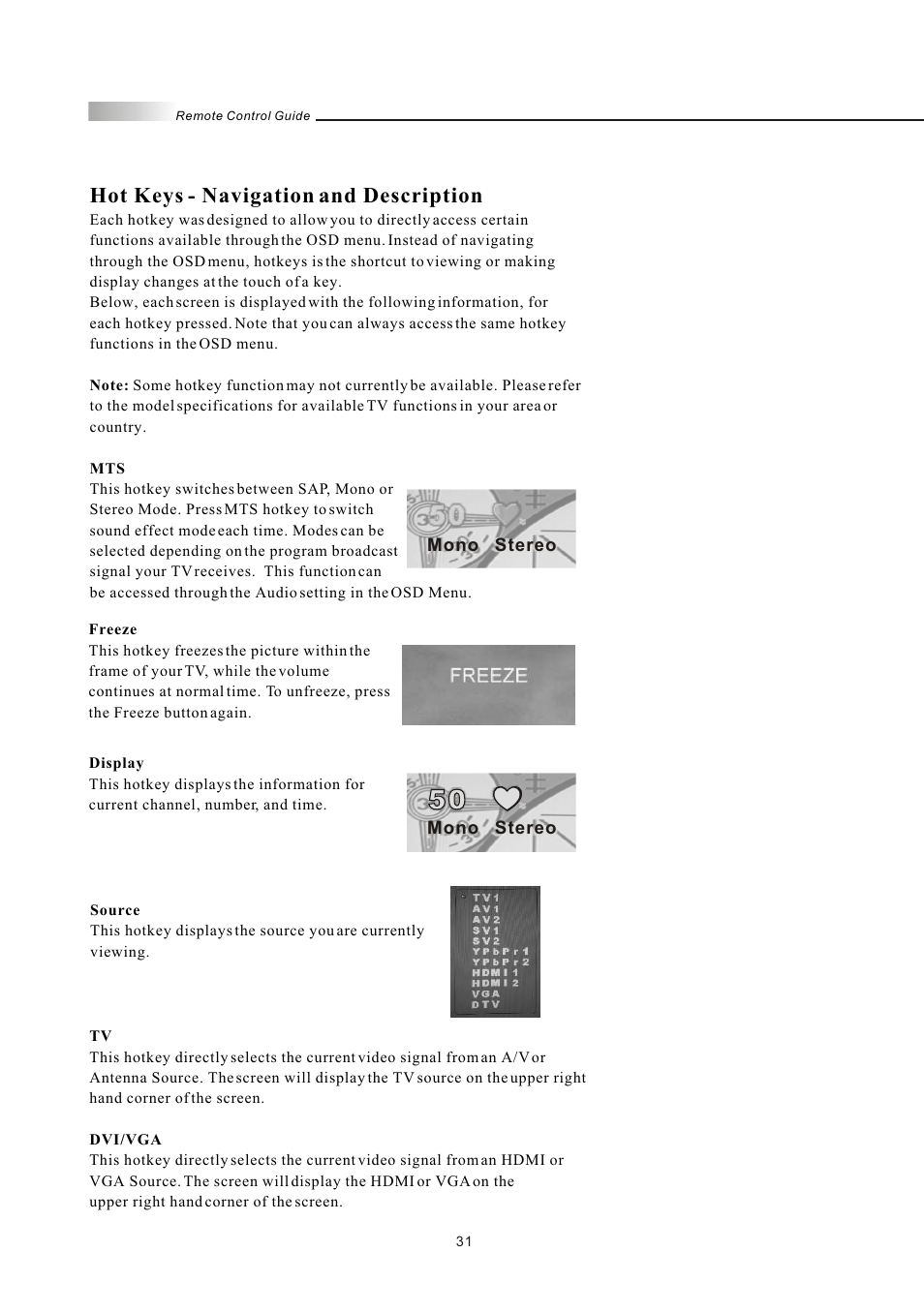 Hot keys - navigation and description | Olevia LT42HVi User Manual | Page 33 / 97