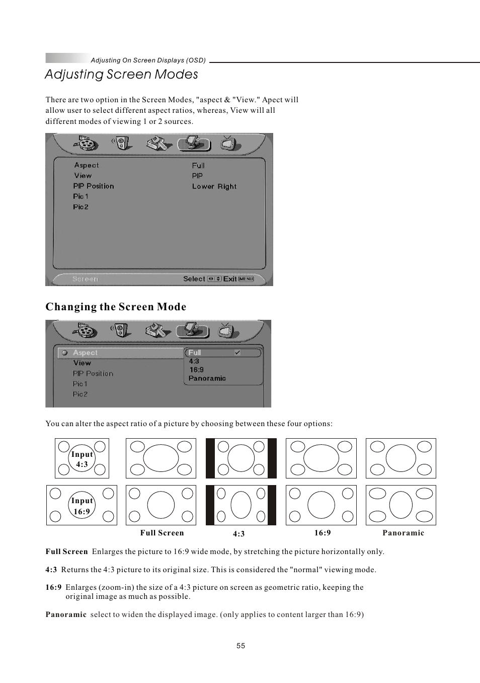 Adjusting screen modes, Changing the screen mode | Olevia LT42HVi User Manual | Page 57 / 97