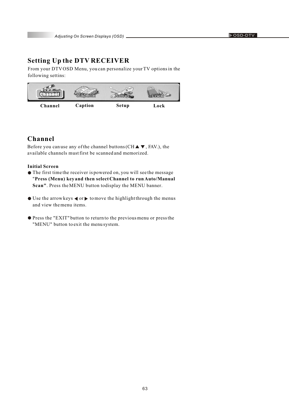 Setting up the dtv receiver, Channel | Olevia LT42HVi User Manual | Page 65 / 97