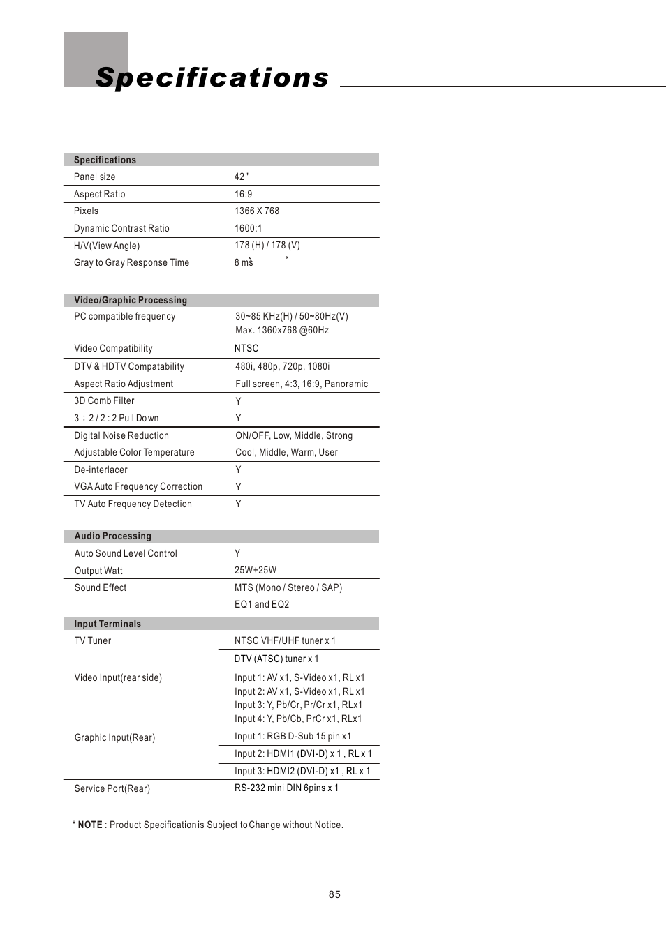Specifications | Olevia LT42HVi User Manual | Page 87 / 97
