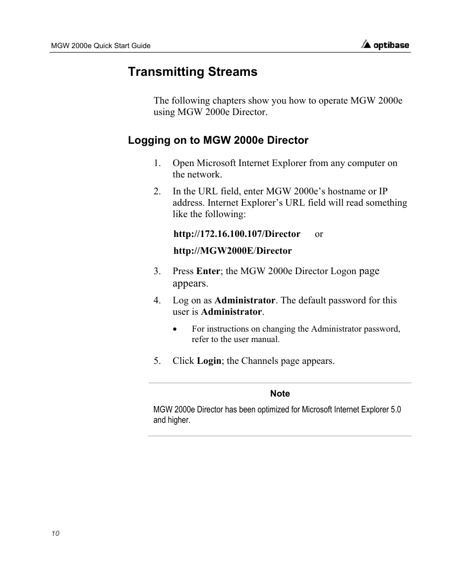 Transmitting streams, Logging on to mgw 2000e director | Optibase MGW 2000e User Manual | Page 16 / 28