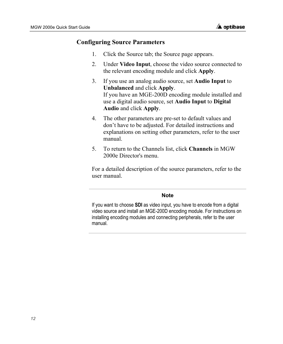 Configuring source parameters | Optibase MGW 2000e User Manual | Page 18 / 28