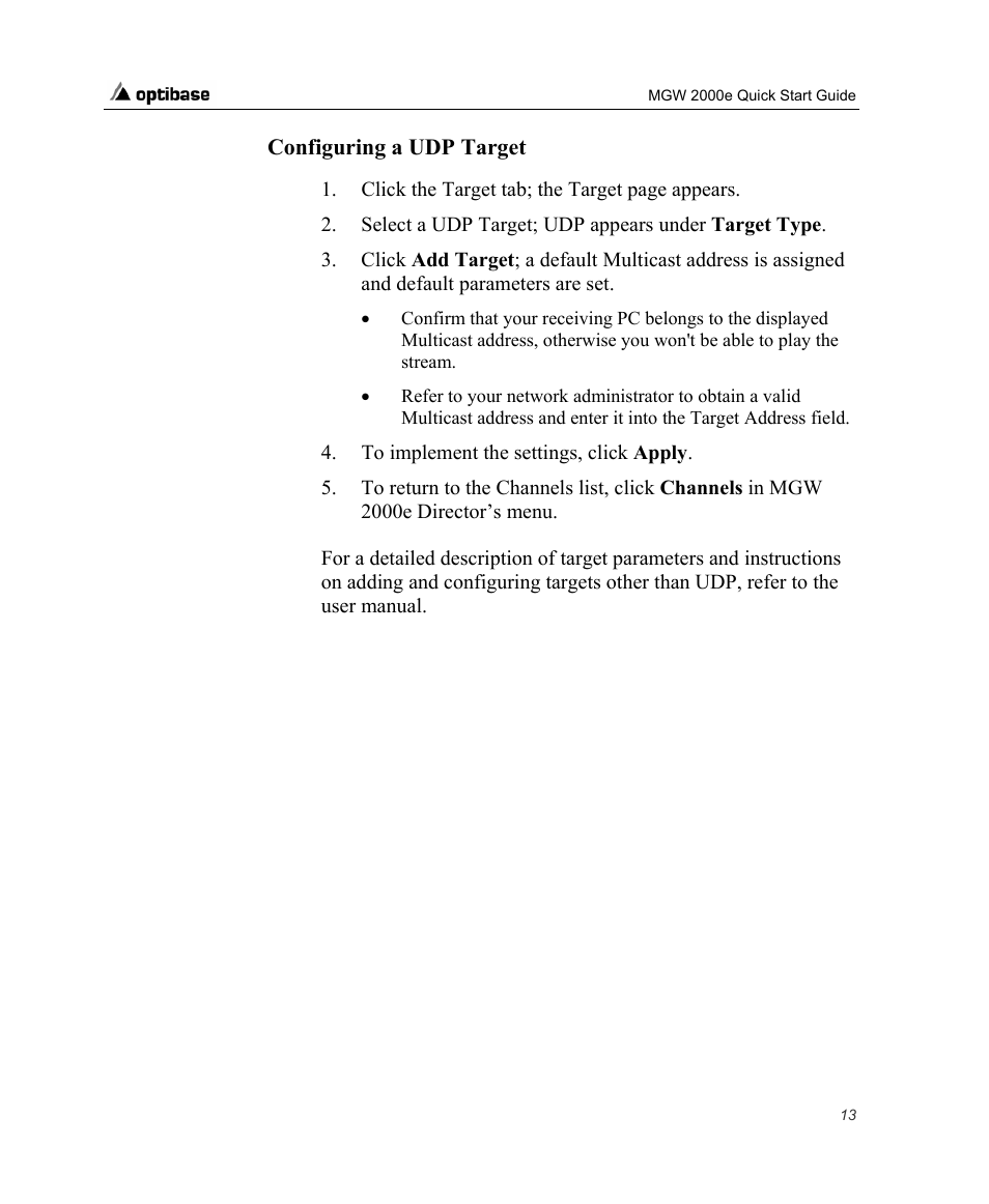 Configuring a udp target | Optibase MGW 2000e User Manual | Page 19 / 28