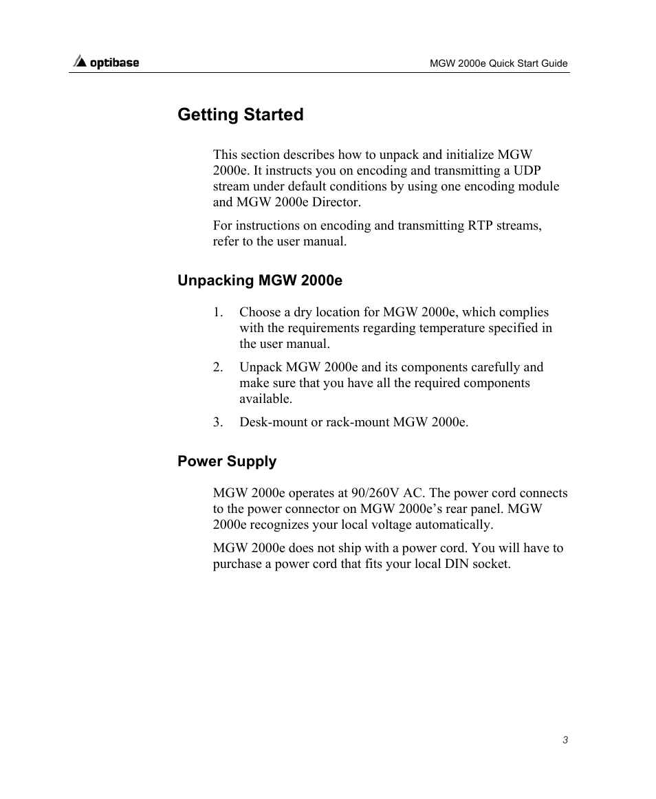 Getting started, Unpacking mgw 2000e, Power supply | Optibase MGW 2000e User Manual | Page 9 / 28
