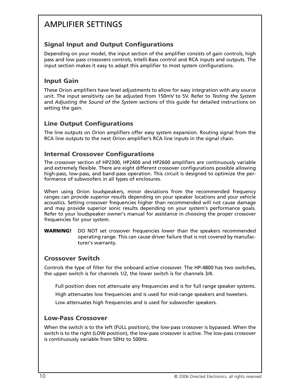 Amplifier settings | Orion HP-4600 User Manual | Page 11 / 28
