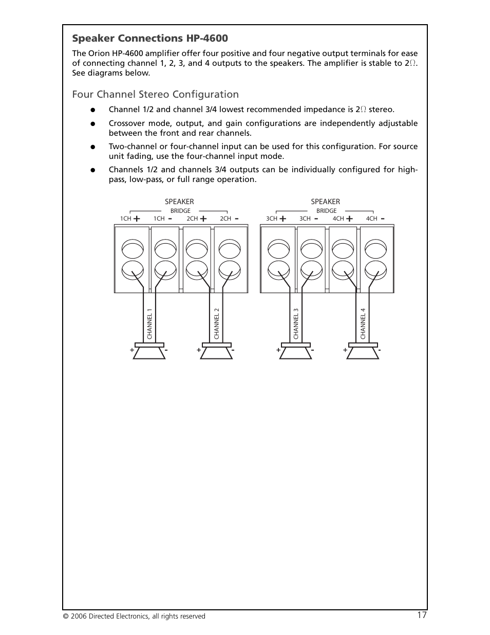 Speaker connections hp-4600, Four channel stereo configuration | Orion HP-4600 User Manual | Page 18 / 28
