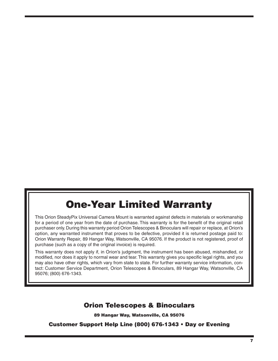 One-year limited warranty | Orion STEADYPIX 5228 User Manual | Page 7 / 7