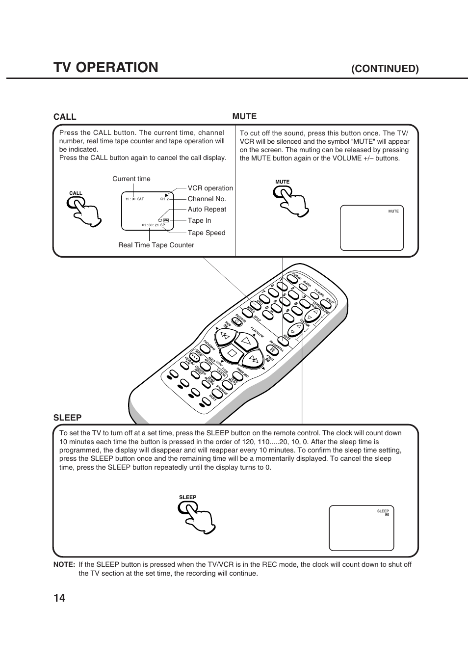 Tv operation, Continued), Call | Sleep, Mute | Orion 20VROT User Manual | Page 16 / 44