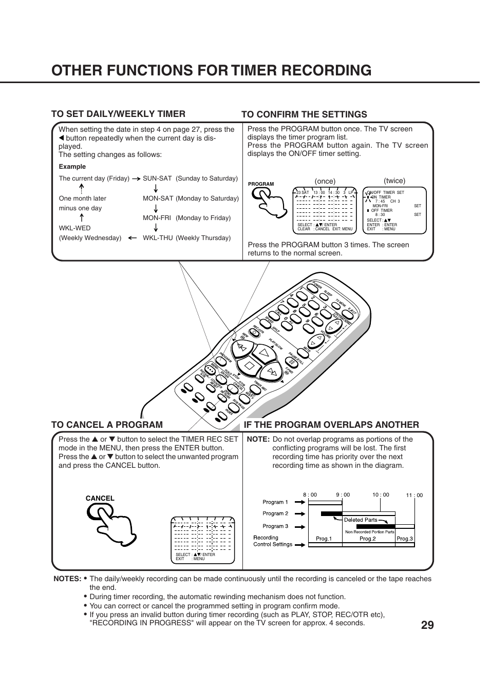 Other functions for timer recording, If the program overlaps another, Twice) (once) | Cancel | Orion 20VROT User Manual | Page 31 / 44