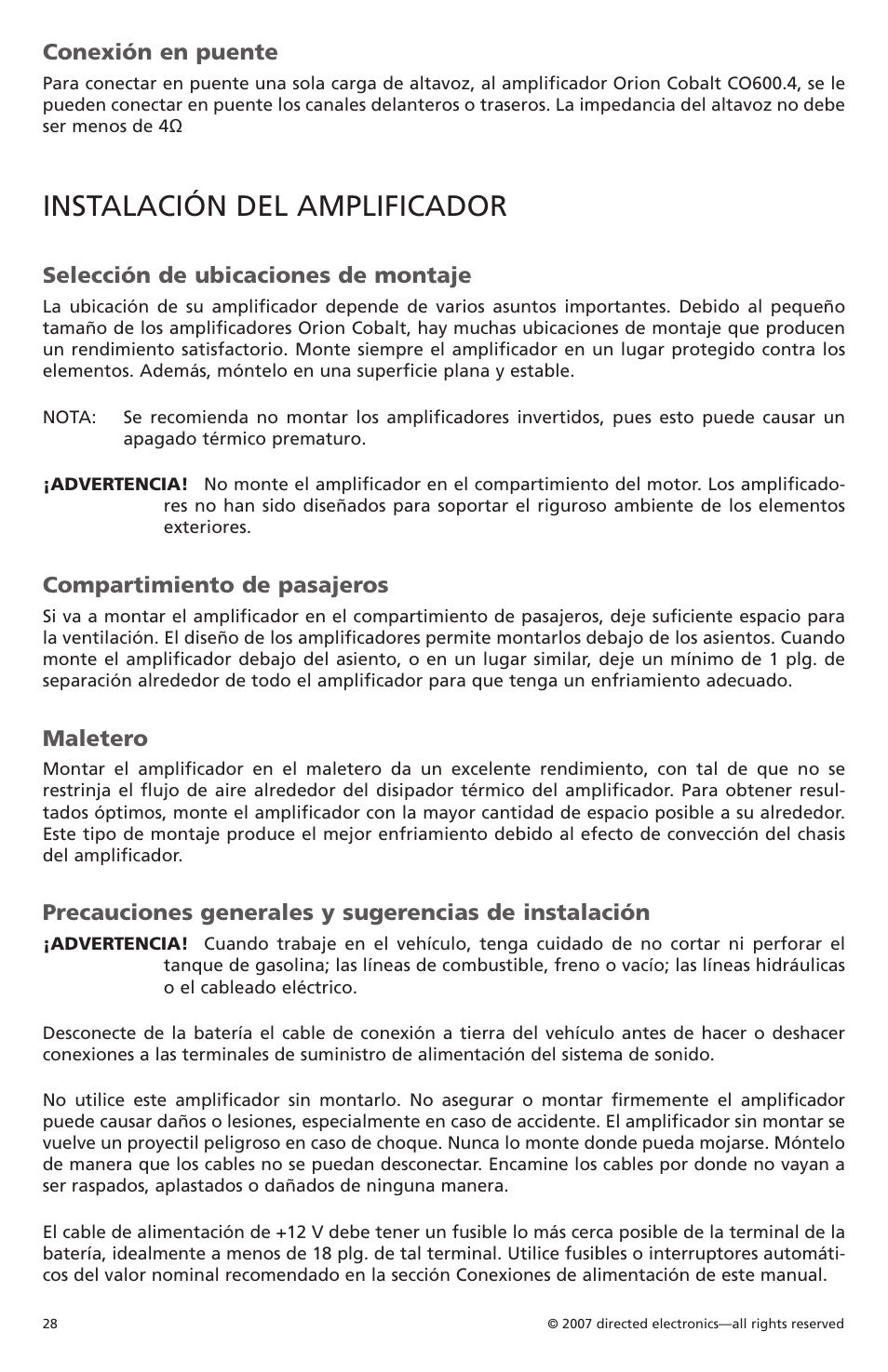 Instalación del amplificador, Conexión en puente, Selección de ubicaciones de montaje | Compartimiento de pasajeros, Maletero | Orion CobaltTM G42110 User Manual | Page 29 / 66