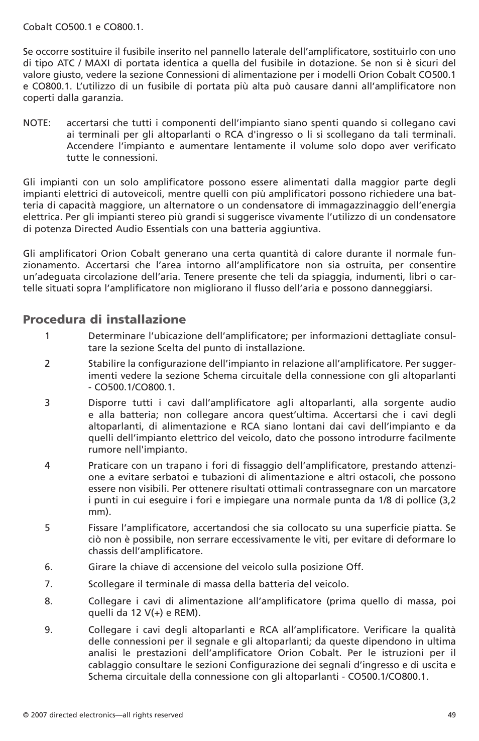 Procedura di installazione | Orion CobaltTM G42110 User Manual | Page 50 / 66
