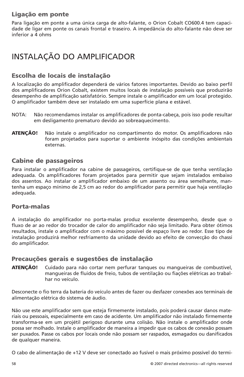 Instalação do amplificador, Ligação em ponte, Escolha de locais de instalação | Cabine de passageiros, Porta-malas, Precauções gerais e sugestões de instalação | Orion CobaltTM G42110 User Manual | Page 59 / 66