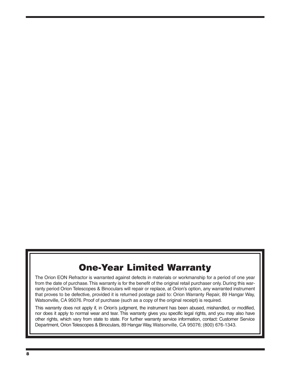 One‑year limited warranty | Orion EON 9925 User Manual | Page 8 / 8