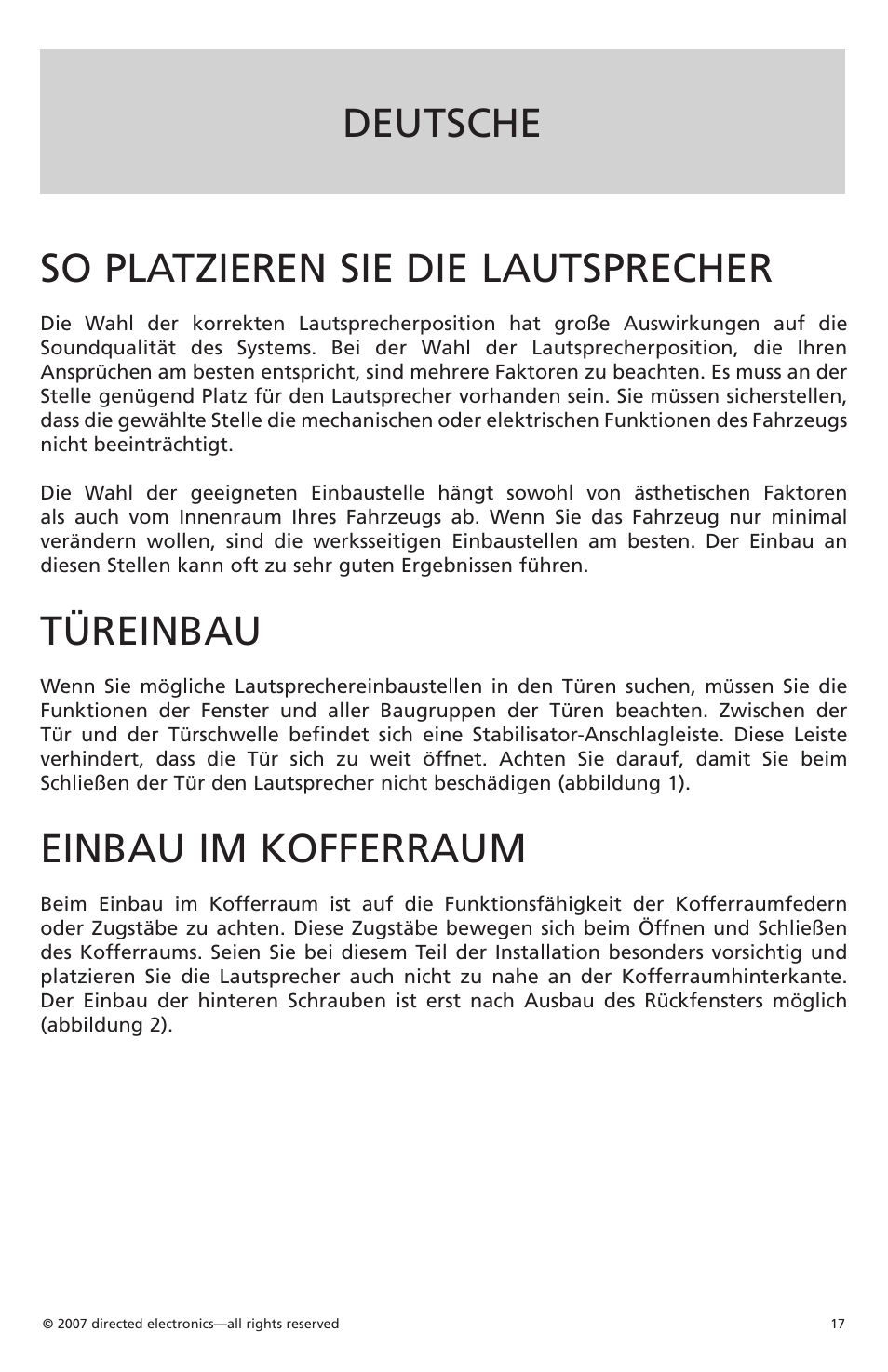 Deutsche so platzieren sie die lautsprecher, Türeinbau, Einbau im kofferraum | Orion CO650 User Manual | Page 15 / 24