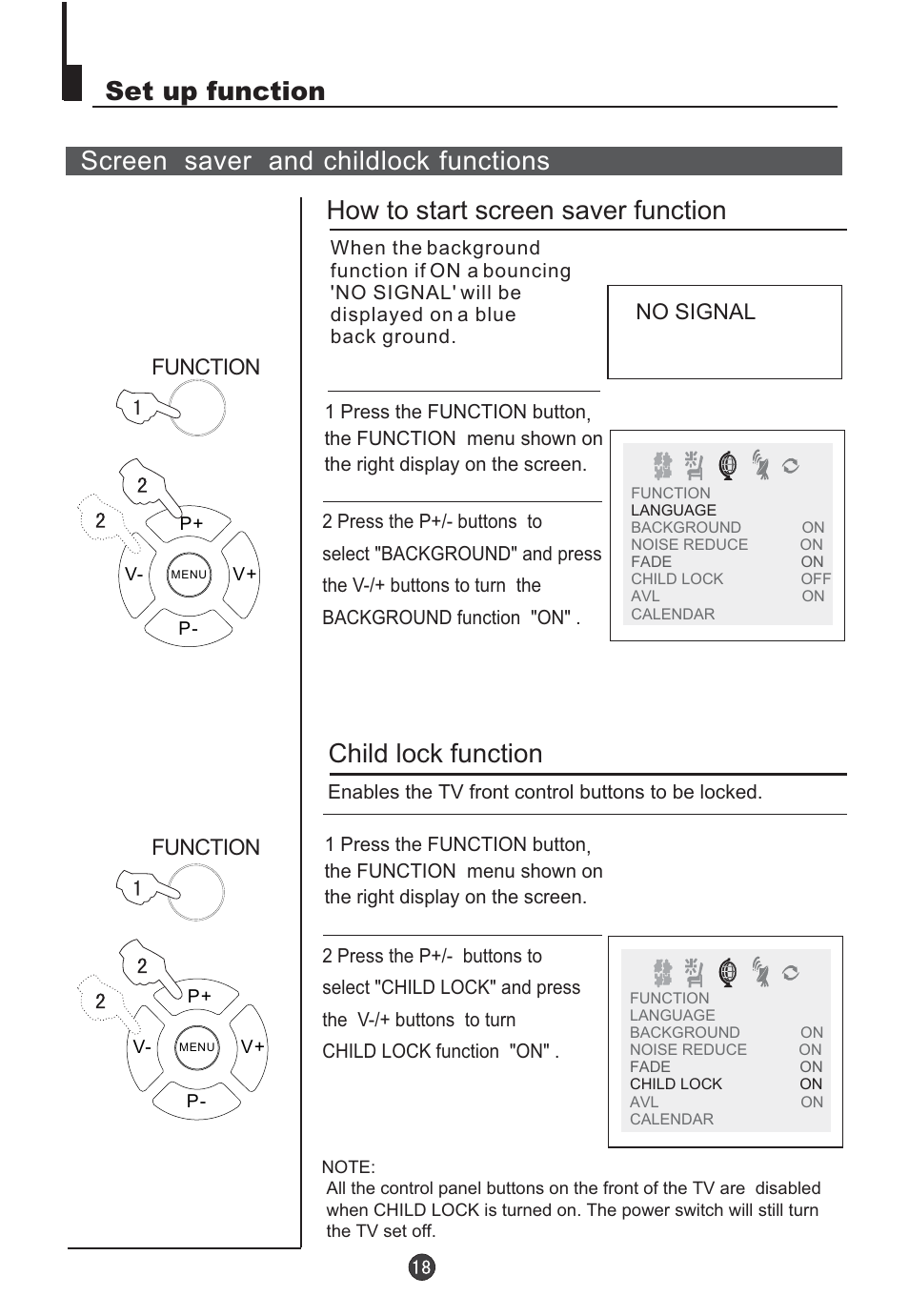 Child lock function, No signal, Function | Orion TV/DVD-1432 User Manual | Page 19 / 36