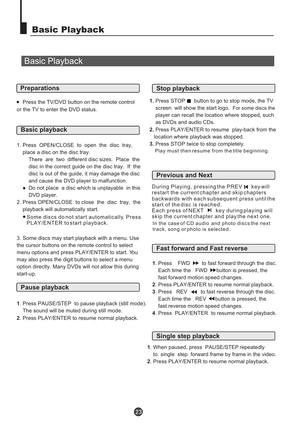 Basic playback | Orion TV/DVD-1432 User Manual | Page 24 / 36