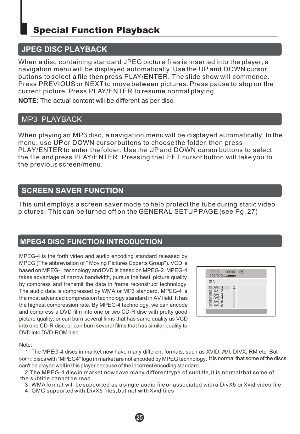 Special function playback, Mpeg4 disc function introduction | Orion TV/DVD-1432 User Manual | Page 26 / 36