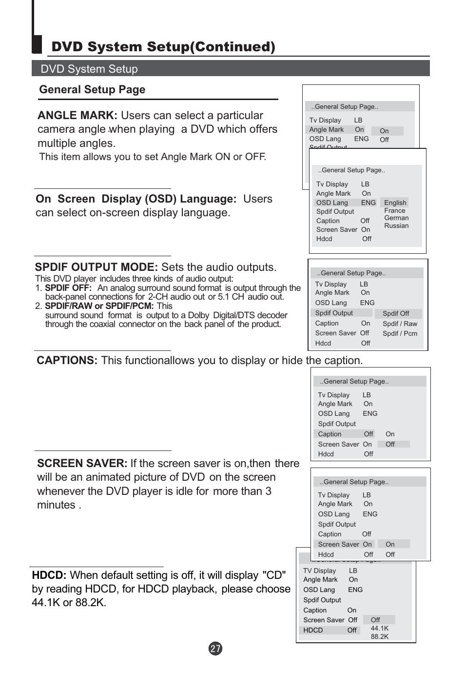 Dvd system setup(continued), This item allows you to set angle mark on or off | Orion TV/DVD-1432 User Manual | Page 28 / 36