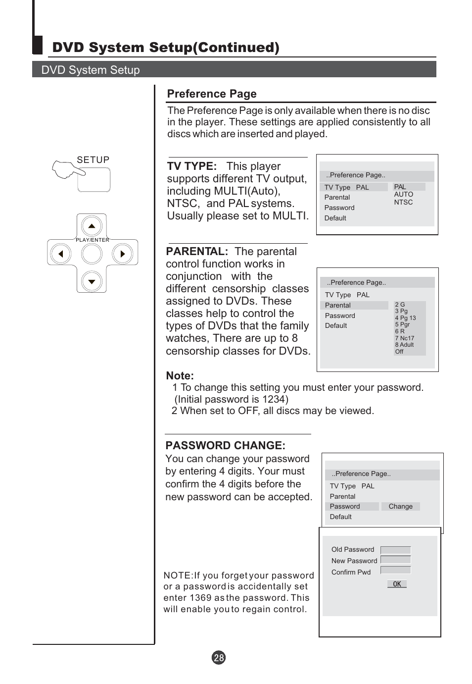 Dvd system setup(continued), Dvd system setup, Preference page | Password change | Orion TV/DVD-1432 User Manual | Page 29 / 36
