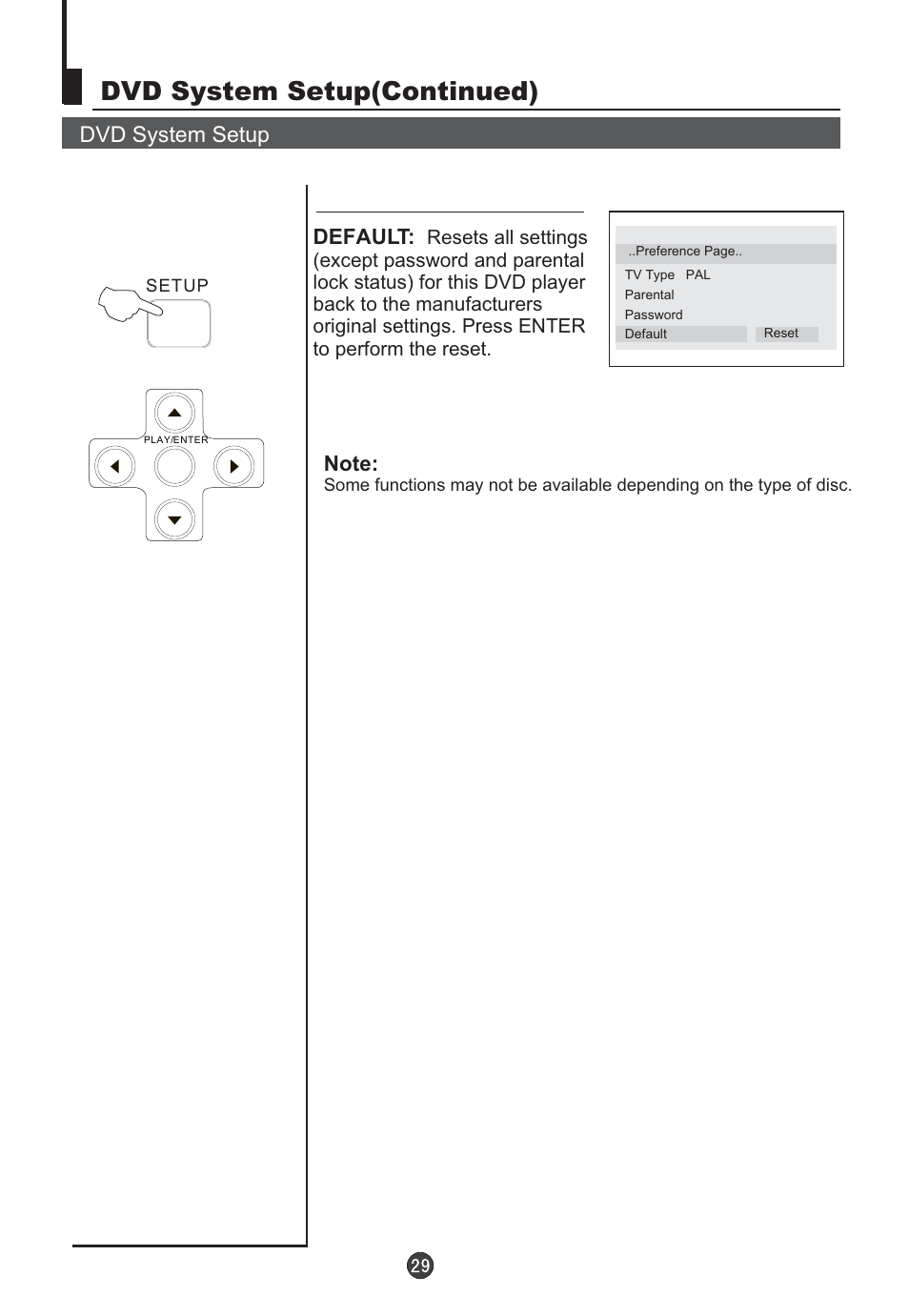 Dvd system setup(continued), Dvd system setup, Default | Orion TV/DVD-1432 User Manual | Page 30 / 36