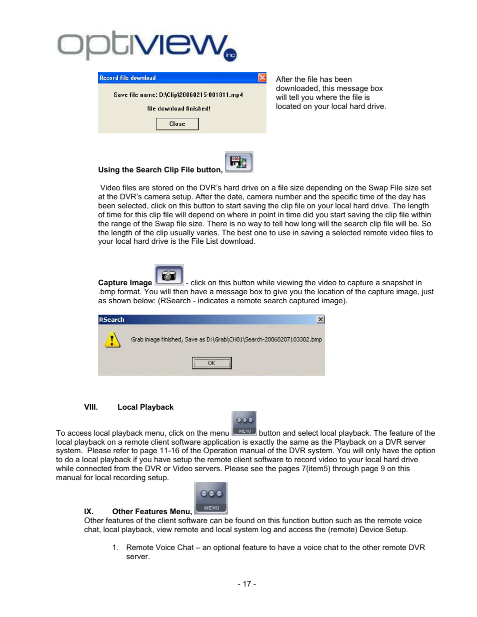 Viii. local playback | Optiview 2.28.06/4.37 User Manual | Page 17 / 19