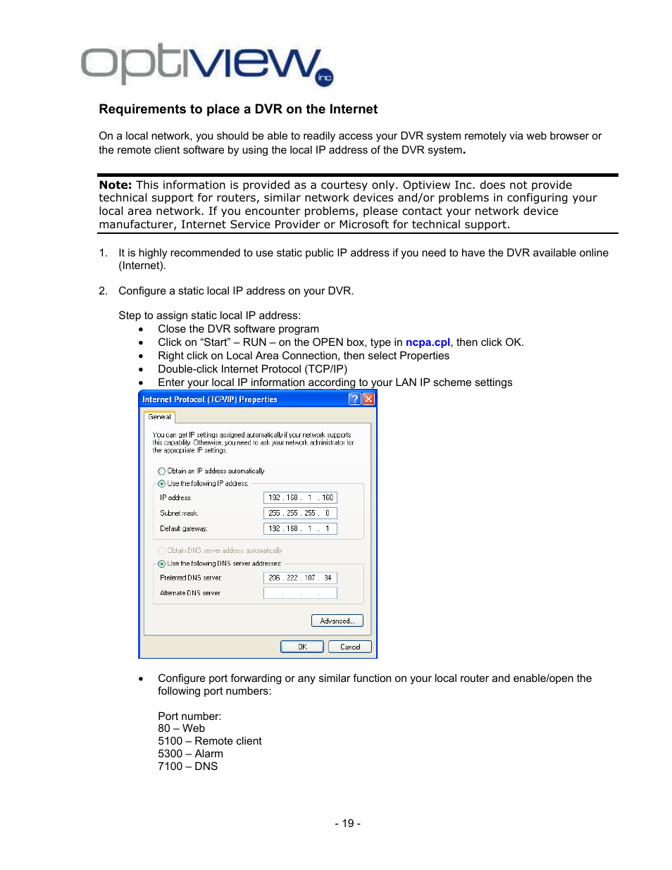 Requirements to place a dvr on the internet | Optiview 2.28.06/4.37 User Manual | Page 19 / 19