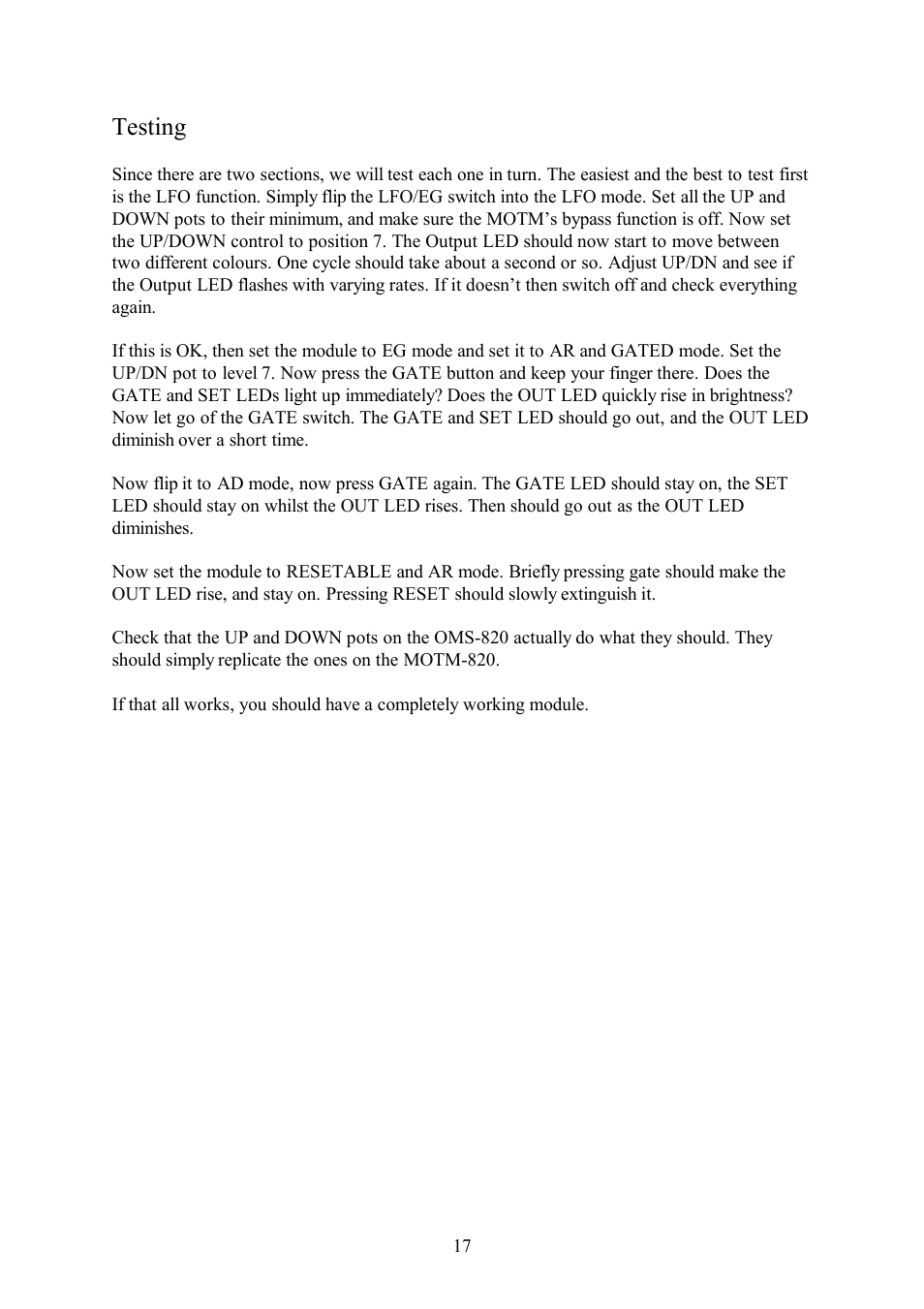 Testing | Oakley OMS-820 User Manual | Page 17 / 18