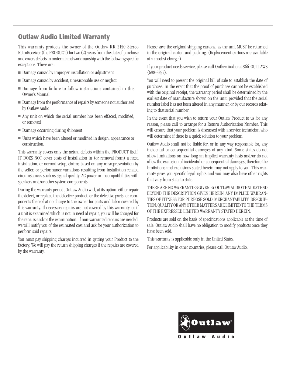 Outlaw audio limited warranty | Outlaw Audio RR 2150 User Manual | Page 28 / 28