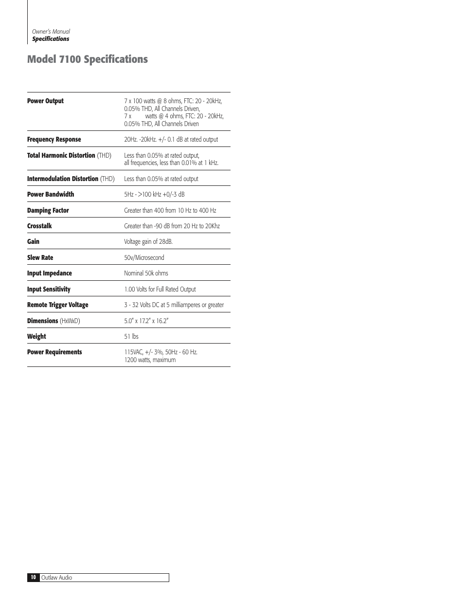 Model 7100 specifications | Outlaw Audio 7100 User Manual | Page 10 / 12