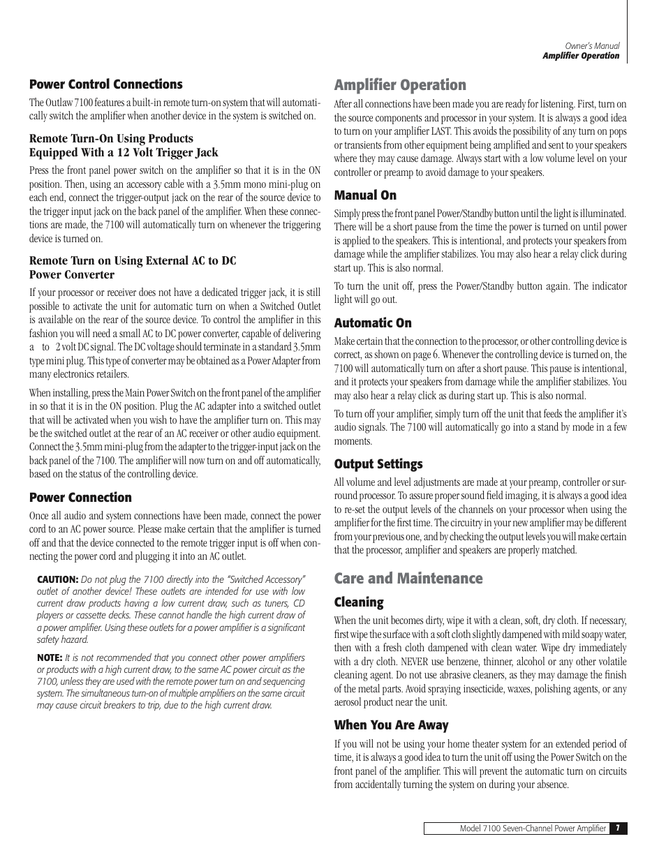 Amplifier operation, Care and maintenance | Outlaw Audio 7100 User Manual | Page 7 / 12