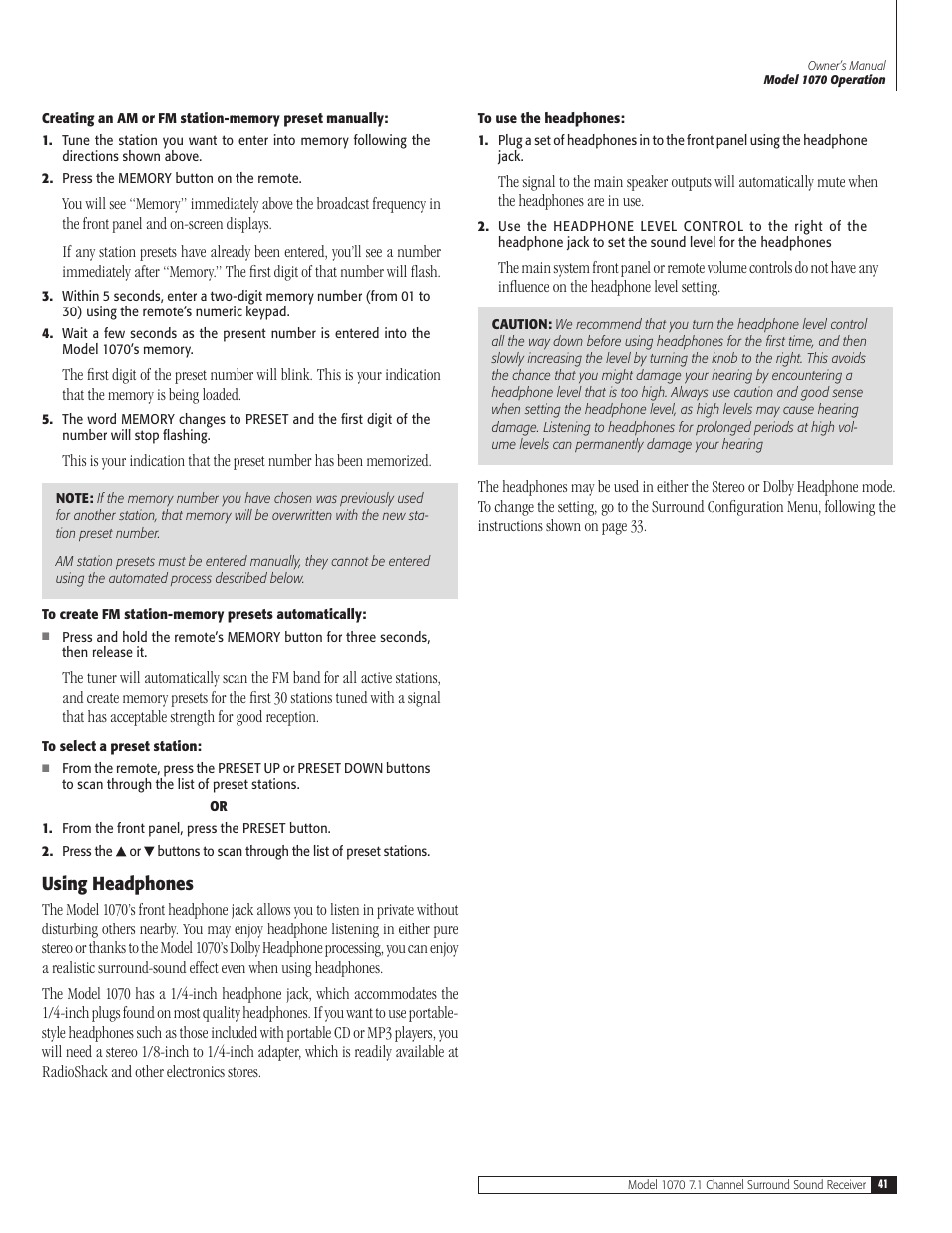 Using headphones | Outlaw Audio 1070 User Manual | Page 41 / 52