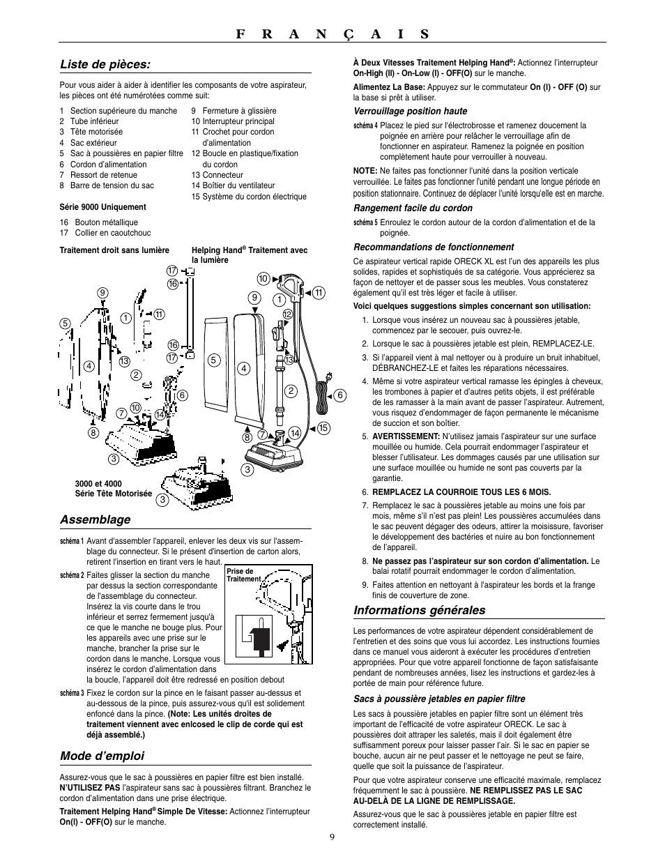 Informations générales, Liste de pièces, Assemblage | Mode d’emploi | Oreck 9000 series  VACUUMS User Manual | Page 10 / 20
