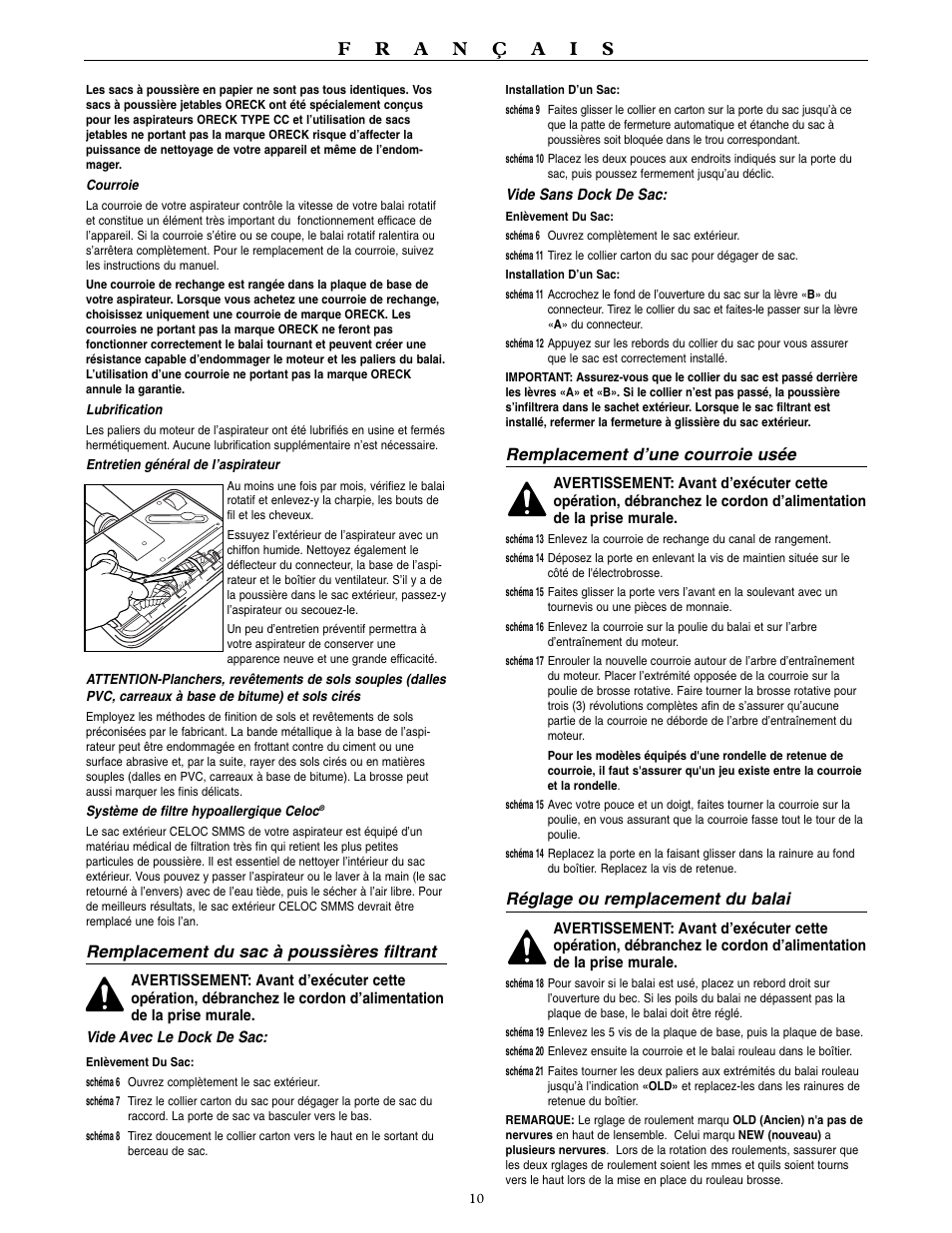 Remplacement d’une courroie usée, Réglage ou remplacement du balai, Remplacement du sac à poussières filtrant | Oreck 9000 series  VACUUMS User Manual | Page 11 / 20