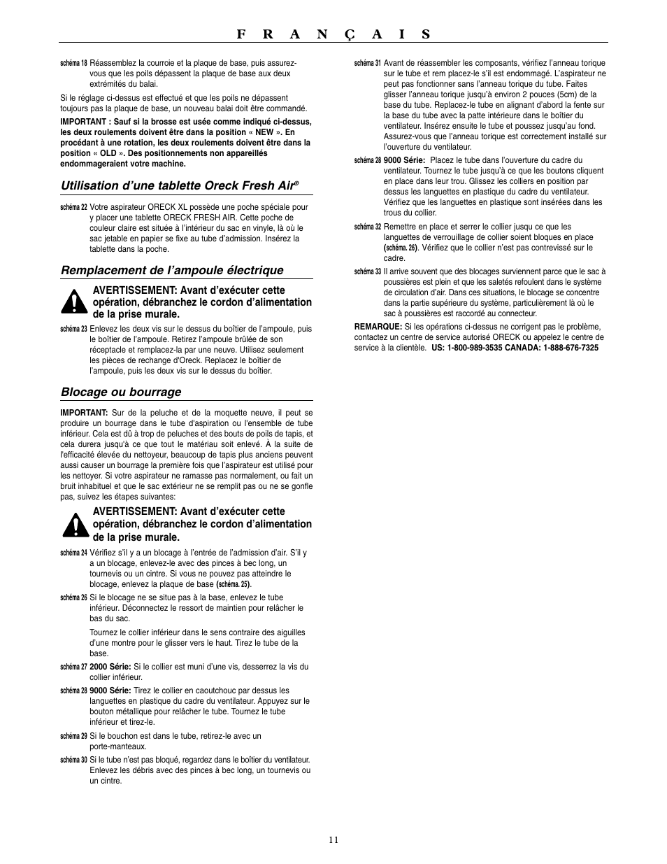Utilisation d’une tablette oreck fresh air, Remplacement de l’ampoule électrique, Blocage ou bourrage | Oreck 9000 series  VACUUMS User Manual | Page 12 / 20