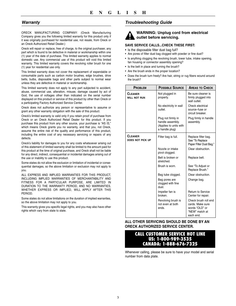 Warranty, Troubleshooting guide | Oreck 9000 series  VACUUMS User Manual | Page 4 / 20
