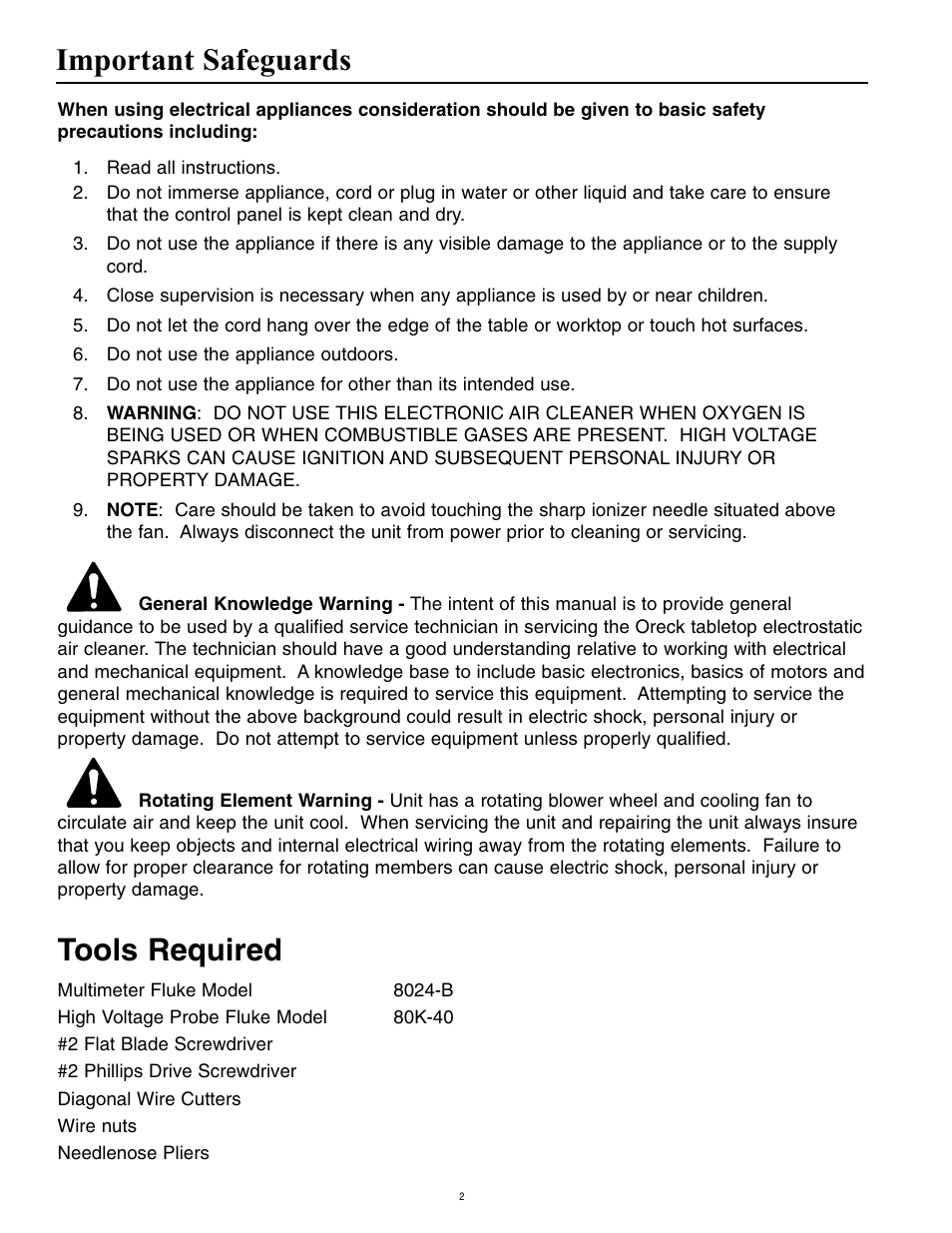 Important safeguards, Tools required | Oreck Super Air 5 447628 User Manual | Page 2 / 28