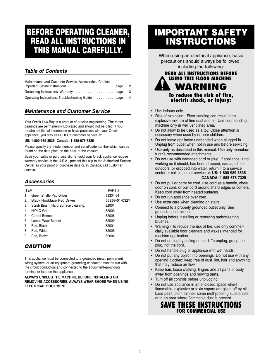 Important safety instructions, Warning, Save these instructions | Oreck Low Boy Industrial Floor Machine LB8000 User Manual | Page 2 / 4