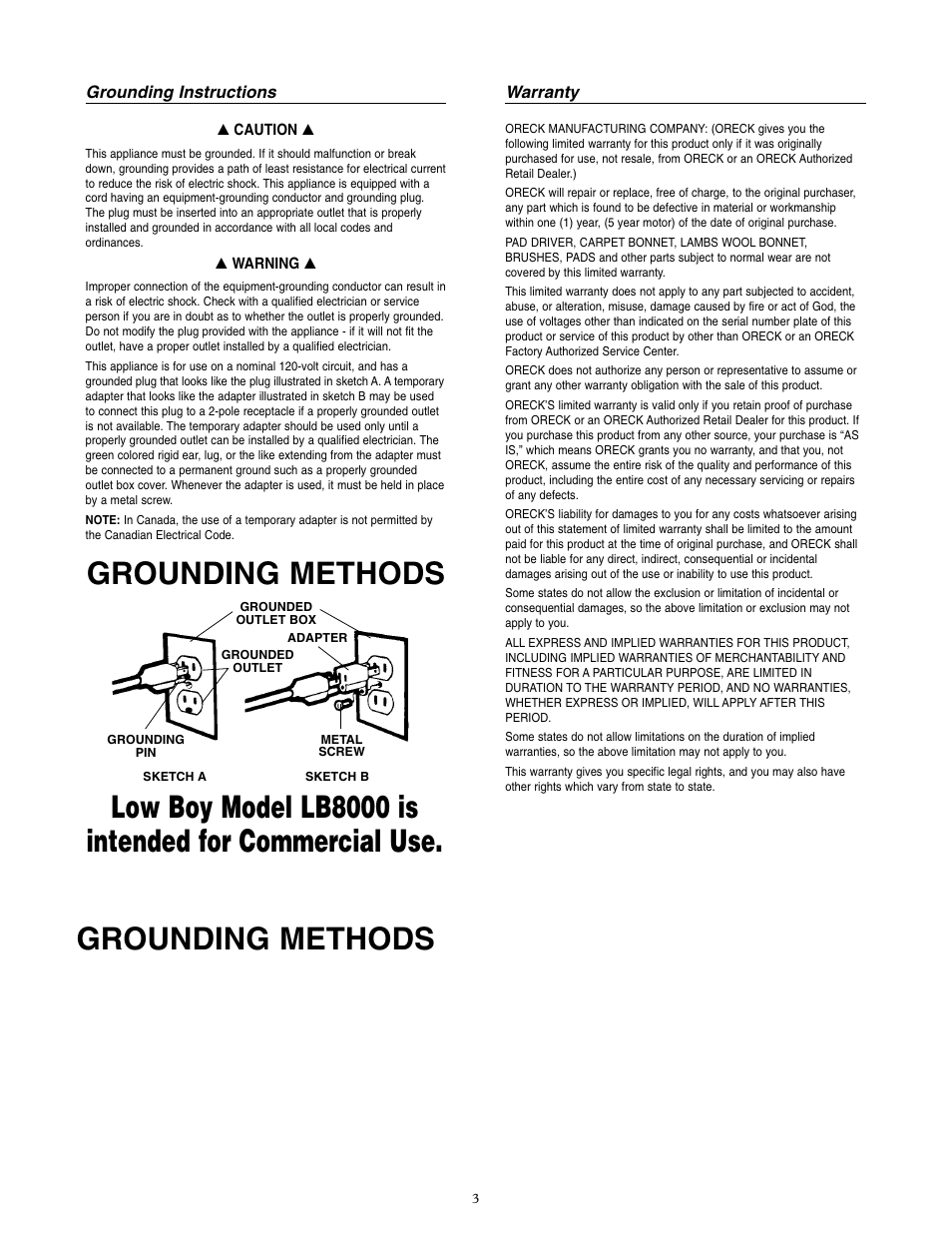 Grounding methods | Oreck Low Boy Industrial Floor Machine LB8000 User Manual | Page 3 / 4