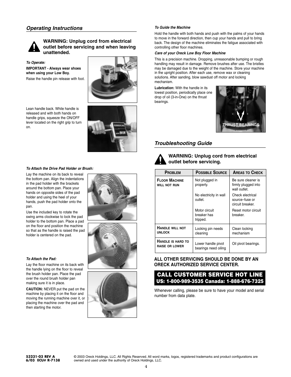 Call customer service hot line, Operating instructions, Troubleshooting guide | Oreck Low Boy Industrial Floor Machine LB8000 User Manual | Page 4 / 4