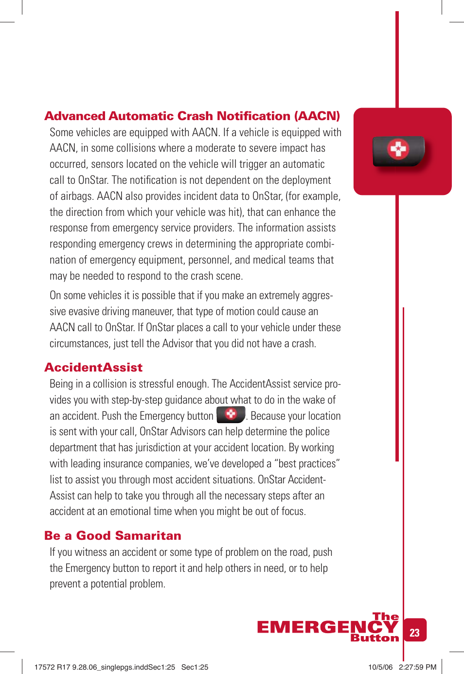 Advanced automatic crash notifi cation (aacn), Accidentassist, Be a good samaritan | OnStar 17572 R17 User Manual | Page 25 / 48