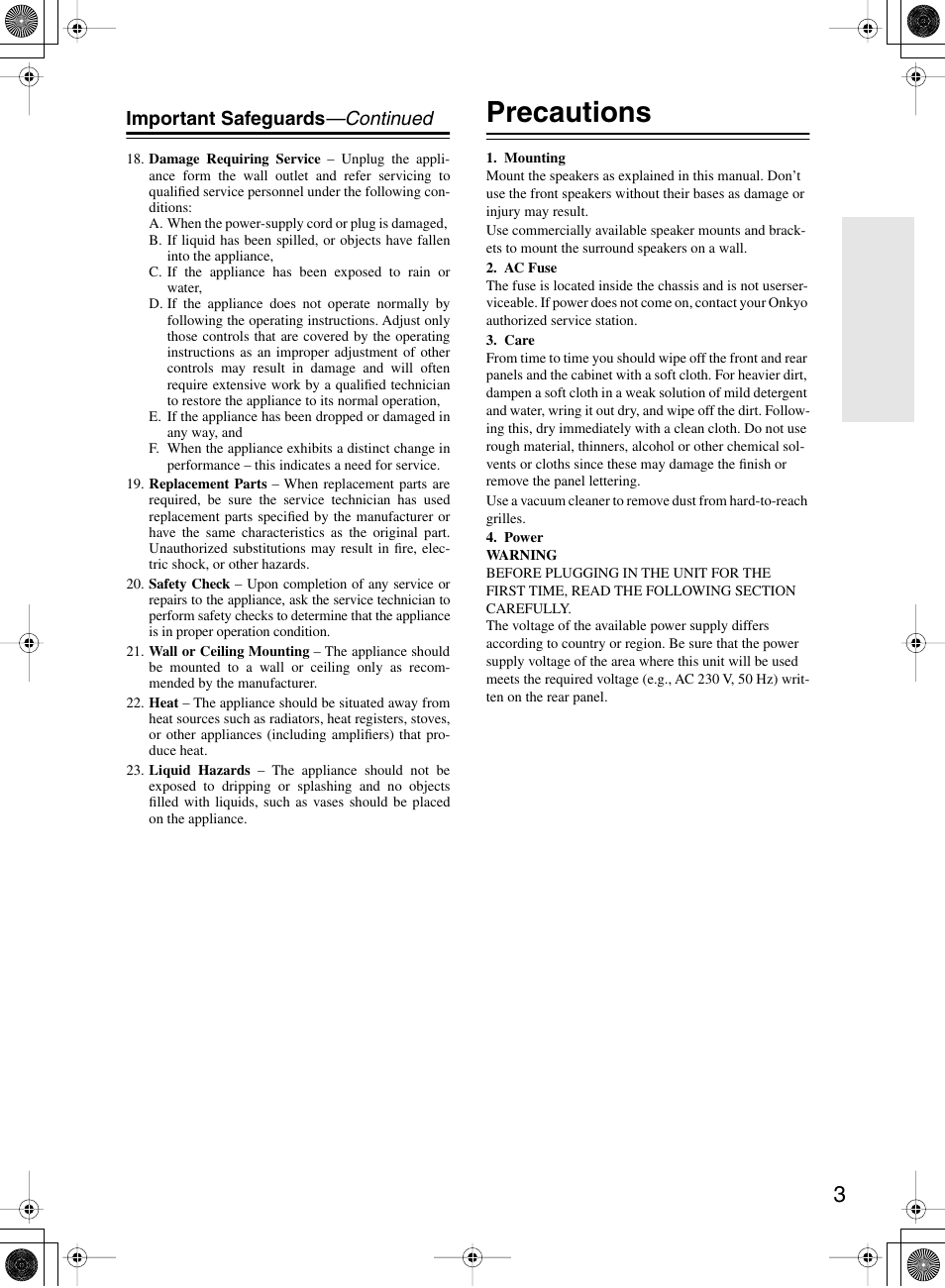 Precautions, Important safeguards —continued | Onkyo SKW-150X User Manual | Page 3 / 12