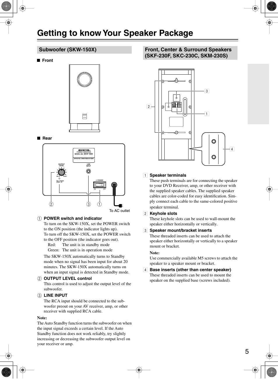 Getting to know your speaker package, Subwoofer (skw-150x) | Onkyo SKW-150X User Manual | Page 5 / 12